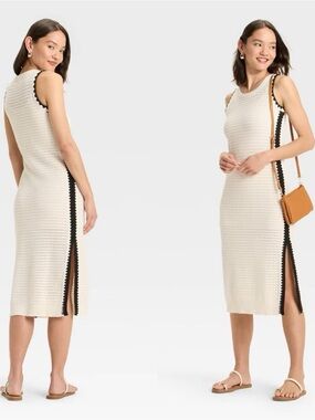 Boho Crochet 🧶 Cream Knit Midi Dress with Black Side Trim Size XS